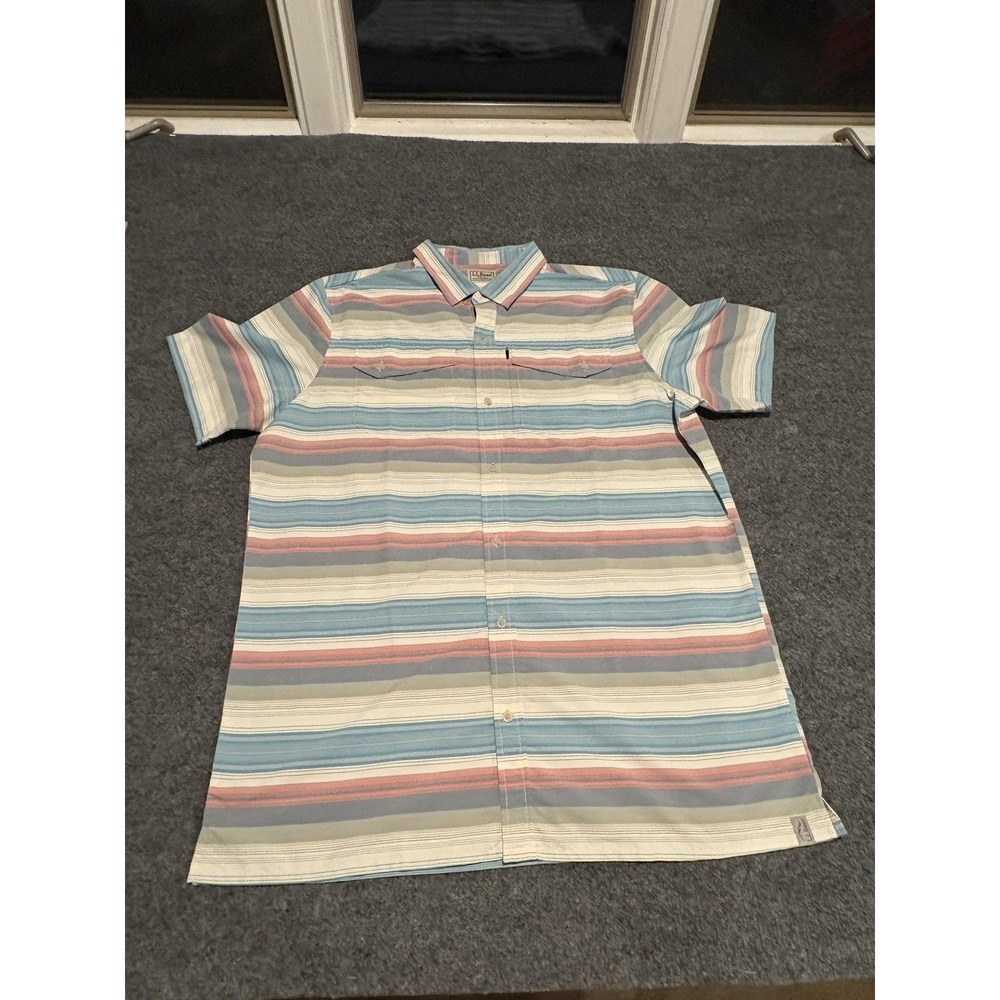 LL Bean Shirt Mens Large Tall Blue Red Striped Short Sleeve Button Down Outdoor